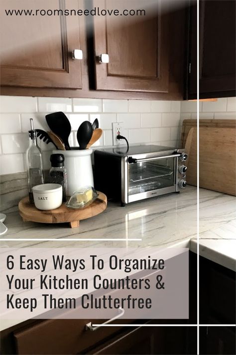 Are your kitchen counters overcrowded with clutter? Here are 6 easy ways to organize them and keep them clutter-free! Counter Organizer Kitchen, Kitchen Counter Utensil Organization, How To Organize Kitchen Counters, What To Put On Kitchen Counters, Clutter Free Kitchen Countertops, Organizing Kitchen Countertops, Declutter Kitchen Counter, Organize Kitchen Countertops, Counter Top Storage