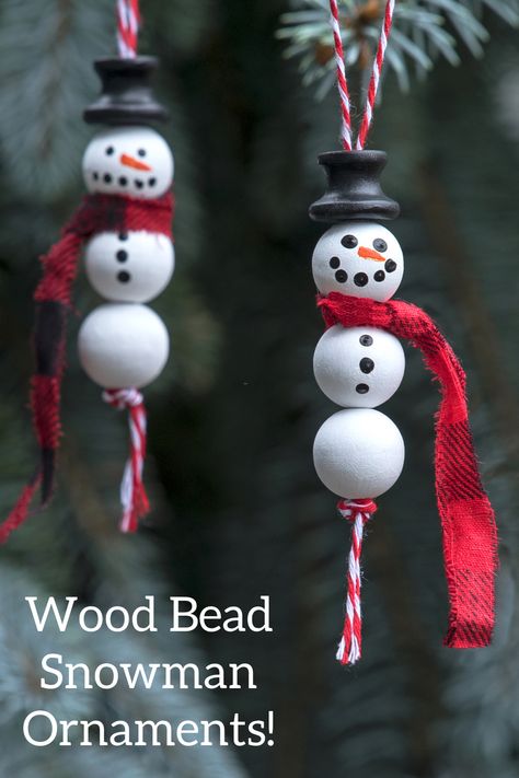 Bead Snowman Ornament, Wood Bead Snowman, Bead Snowman, Beaded Snowman, Diy Snowman Ornaments, Easy Christmas Ornaments, Christmas Crafts For Adults, Kids Christmas Ornaments, Snowman Ornament