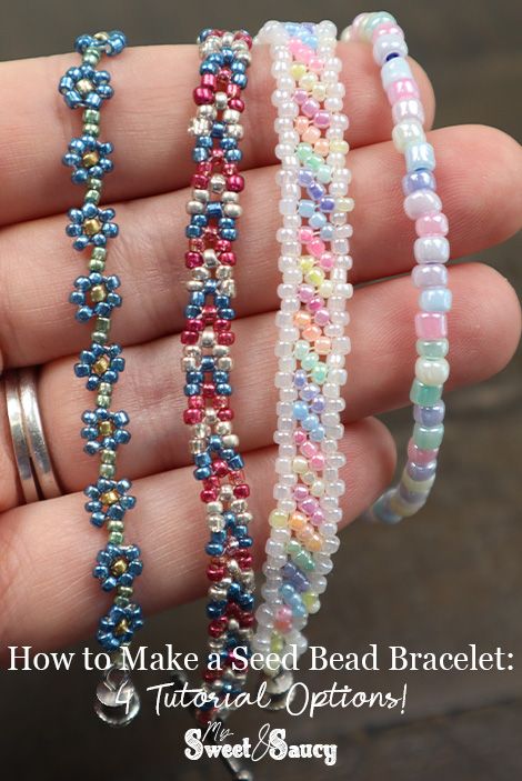 How to Make a Seed Bead Bracelet: 4 Tutorial Options - My Sweet and Saucy How To Make Simple Beaded Bracelets, Patterns For Beaded Bracelets, Seed Beads Design, Bracelets With Square Beads, Making Seed Bead Bracelets, Bead Seed Bracelet, Seed Bead Bracelet Aesthetic, Beginner Beading Patterns, Seed Bead Weaving Tutorial