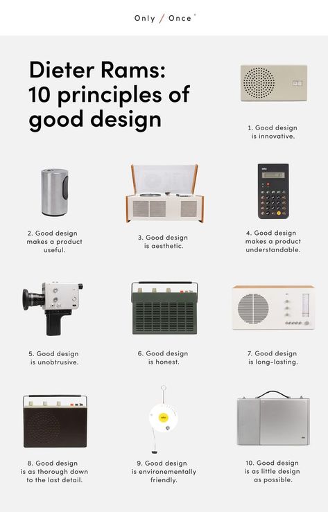 Dieter Rams 10 principles of good design have become iconic and have inspired designers across the world. - Born in Wiesbaden on May 20, 1932, Dieter Rams soon made a name for himself in the field of industrial design. Over the course of half a century, he has developed more than 500 products ranging from audio to furniture. – Read all principles and shop Braun products from Dieter Rams & co. at Only / Once shop. Wiesbaden, Braun Dieter Rams, Dieter Rams Design, What Is Design, Braun Design, Prototype Design, Furniture Design Inspiration, Industrial Design Furniture, Dieter Rams