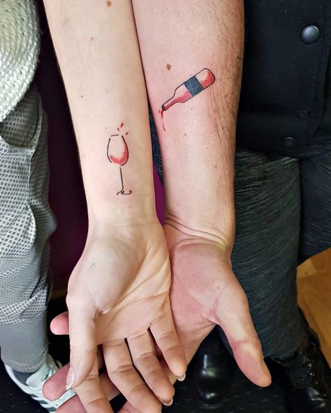 CafeMom.com : Matching Wine Tattoos : 20 Wine Tattoos We Happily Raise a Glass To -- When wine lovers find someone who will happily fill their glass, they should hold onto that person for life. That's essentially what this duo did by getting permanent matching tattoos. May we all find someone who fills our cup and doesn't drain it. Wine Tattoos, Tattoo Amigas, Couple Tattoo Quotes, Wine Glass Tattoo, Wine Tattoo, Small Matching Tattoos, Couple Tattoos Unique, Bottle Tattoo, Coffee Tattoos