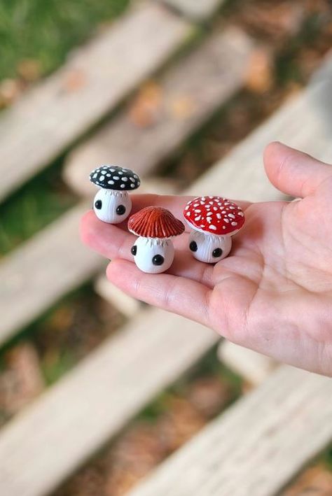 Small Clay Projects: Sculpted mushroom figurines made with polymer clay Polymer clay crafts Clay crafts air dry Clay crafts Polymer clay creations Polymer clay diy Polymer clay projects