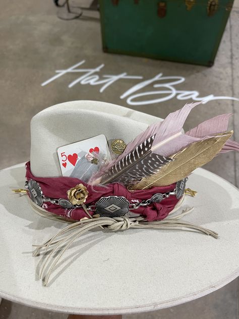 Custom Charlie 1 Horse Hats, How To Embellish A Cowboy Hat, Western Hat Accessories, Diy Hat Embellishment, How To Decorate A Felt Hat, Decorated Western Hat, Diy Fedora Hat Design, Burned Designs On Hats, Decorative Hats Ideas