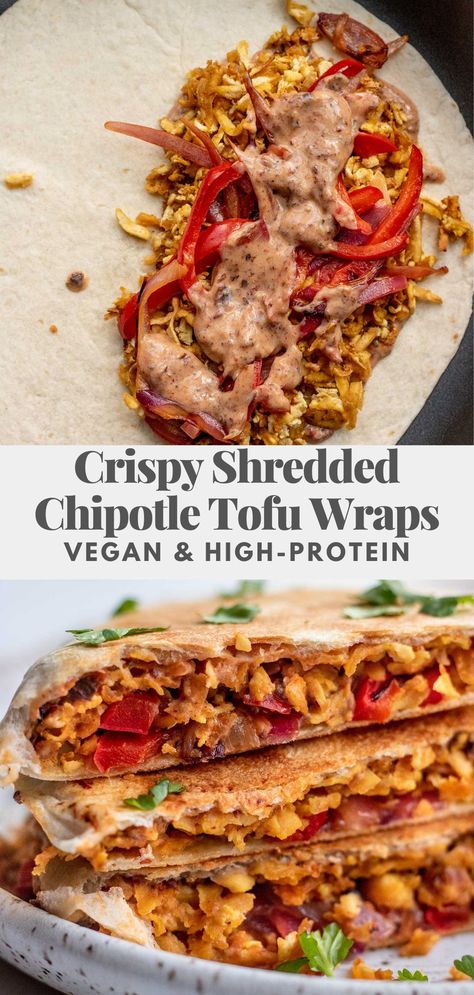 These Crispy Shredded Chipotle Tofu Wraps have a crispy chewy tofu filling coated in delicious smoky flavors. Easy to make and a great high-protein plant based option. High Protein Vegetarian Wraps, Tofu Veggie Wrap, Vegan High Protein Wrap, Tofu Work Lunch, Shredded Tofu Wrap, Vegan Tofu Wrap, Tofu Wraps Vegetarian, Vegan Vegetarian Recipes, Easy Vegan Protein Meals