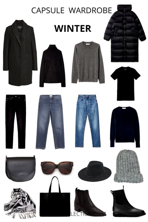 10 Item Wardrobe Winter, Staple Winter Wardrobe Pieces, Winter Weekend Capsule Wardrobe, Practical Winter Outfits, Black And White Capsule Wardrobe, Winter Capsule Wardrobe 2022, Minimalism Wardrobe, Minimal Winter Outfit, Winter Clothes Women Casual