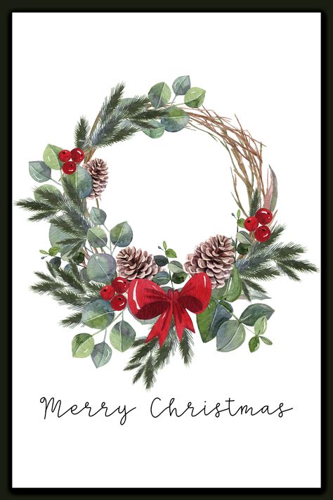 Merry Christmas Printable Set - Free Christmas Cards and Prints Watercolour Christmas Wreath, Christmas Wreaths Illustration, Wreath Illustration Christmas, Cute Christmas Pictures, Christmas Pictures Ideas, Painting Wreath, Watercolour Pictures, Watercolor Christmas Wreath, Merry Christmas Printable