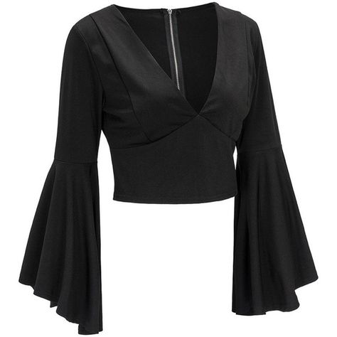 Zippered Fitted Flare Sleeve Crop Top Black ($22) ❤ liked on Polyvore featuring tops, bell sleeve tops, flared sleeve crop top, zip top, crop top and cut-out crop tops Bell Sleeve Tops, Flared Sleeves Top, Flare Top, Top Crop, Fashion Design Clothes, Black Crop Tops, Fashion Sewing, Bell Sleeve, Classy Outfits