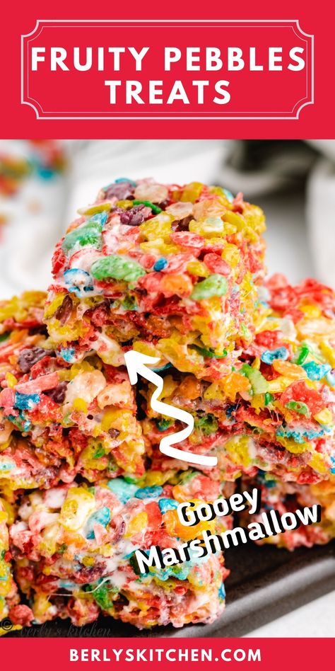 Our Fruity Pebbles Rice Crispy Treats only take minutes to make and are full of gooey marshmallows and Fruity Pebbles cereal. This is an easy dessert recipe that your entire family will love. Get the printable recipe at berlyskitchen.com. Fruity Pebbles Rice Crispy Treats Recipe, Fruity Pebbles Rice Crispy Treats, Fruity Pepples, Fruity Pebble Bars, Fruity Pebbles Treats, Crispy Treats Recipe, Rice Crispy Treats Recipe, Fruity Pebbles Cereal, Pebbles Cereal