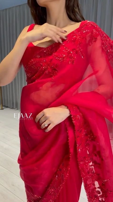 First Night Saree For Bride, Ejaazcouture Lehenga, Roka Outfits, Saree Ruffle, Ejaaz Couture, Saree Bridesmaid, Saree With Embroidery Work, Sabyasachi Designer, Saree Inspiration