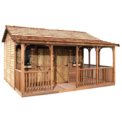 Cedarshed Farmhouse Gable Cedar Storage Shed (Common: 20-ft x 12-ft; Interior Dimensions: 15.5-ft x 7.5-ft) Cedar Siding Exterior, Outdoor Storage Buildings, Cedar Shed, Wood Storage Shed, Shed With Porch, Cedar Shake Roof, Cedar Shingle Roof, Shed Floor, Wood Storage Sheds