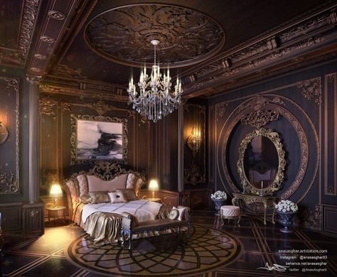 بيوت ملكية, Luxurious Bedroom Design, Shadow Bone, Royal Room, Royal Bedroom, Palace Interior, Fantasy Rooms, Dark Home Decor, Gorgeous Bedrooms