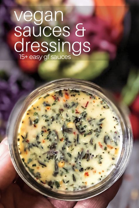 Easy to make vegan sauces and dressings. Gluten free, oil free, dairy free vegan sauces and dressings for vegan tacos, vegan shawarma, rainbow salads, veggie burgers and more. #vegansauces #vegandressing #dairyfree #glutenfree #tahini #cashewcream Sauces For Quinoa, Vegan Dressings And Sauces, Plant Based Sauces And Dressings, Vegan Sauces And Dressings Oil Free, Vegan Sauces For Bowls, Vegan Sauces For Vegetables, Raw Vegan Sauces, Vegan Marinades, Vegan Taco Sauce