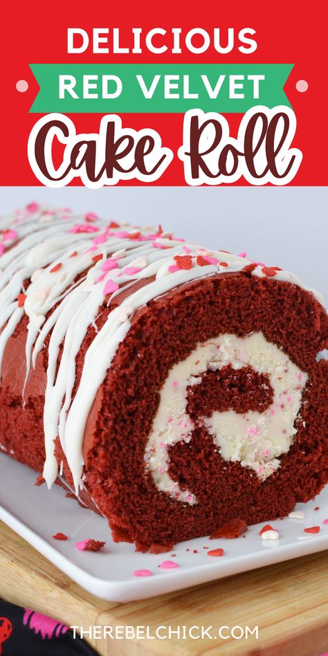 Red Velvet Cake Roll covered in white frosting with red and pink sprinkles Red Velvet Cake Roll Recipe, Easy Cake Mix Desserts, Red Velvet Cake Roll, Jelly Roll Cake, Red Velvet Recipes, Cake Mix Desserts, Red Velvet Cake Mix, Cake Roll Recipes, Cake Pie