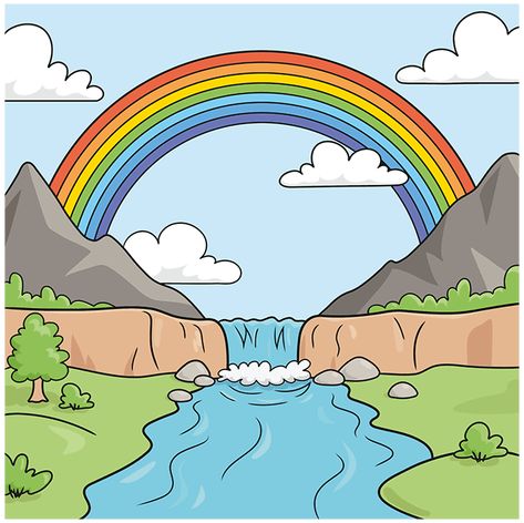 Kids Drawing Ideas Easy Nature, Rainbow Drawing Ideas, Rainbow Scenery, Landscape Drawing For Kids, Nature Drawing For Kids, Easy Nature Drawings, Beautiful Scenery Drawing, Landscape Drawing Tutorial, Landscape Drawing Easy