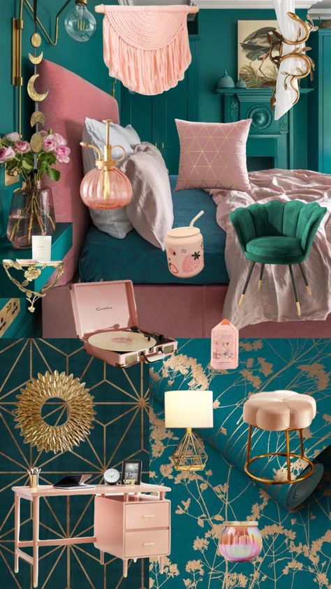 #interiordesign #homedecor #teal #pink #gold #cute Pink Teal Black Bedroom, Teal Velvet Bedroom Ideas, Teal Pink And Gold Living Room, Teal Wall Bedroom Decor, Teal Dressing Room, Teal Gold And Pink Bedroom, Teal Green And Pink Bedroom, Teal And Leopard Bedroom, Turquoise Pink And Gold Bedroom