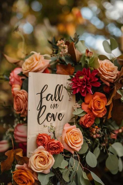 Fall in Love Bridal Shower Welcome Sign Fall Bridal Shower Table Centerpieces, Bridal Shower Decor Fall, Fall In Love Bridal Shower Centerpieces, Fall In Love Theme Bridal Showers, Bridal Shower Themes For October, Vintage Bridal Shower Decor, Fall In Love Shower Theme, Fall Theme Bridal Shower Decorations, Bridal Shower Fall In Love