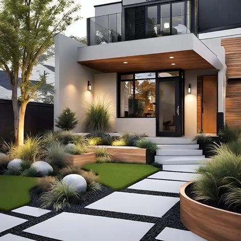 Front Yard Landscaping Ideas: How to Design a Stunning Outdoor Space Turf And Pavers Front Yard Ideas, Flower Planters In Front Of House, Porch Entrance Ideas, Modern Landscape Design Front Yard, California Landscaping, Modern Front Yard Landscaping Ideas, Land Scaping, Entryway Outdoor, Front Landscape