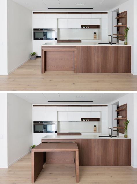 Apartemen Studio, Kitchen Island Storage, Kitchen Island Dining Table, Dining Table Kitchen, Kitchen Bench, Modern Kitchen Island, Kitchen Remodel Before And After, Large Dining Table, Kitchen Benches