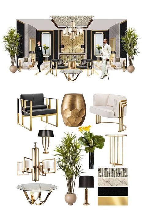 Art Deco Black And White Living Room, Brass Art Deco, 20s Interior Design Living Room, Black And White Art Deco Bedroom, Elegant Dinner Party At Home, Art Deco White Interior, Art Deco Glam Decor, Black Art Deco Living Room, Art Deco Lounge Interior Design