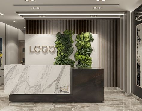 Office Reception Table Design Modern, Company Name Wall Design, Simple Office Reception Design, Front Reception Desk Ideas, Reception Interior Design Office, Recepsionis Design, Showroom Reception Design, Corporate Office Reception Design, Entrance Office Design