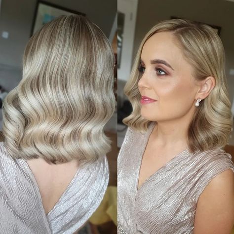 Shoulder Length Blonde Bridal Hair, Retro Waves Medium Hair, Wedding Mid Length Hairstyles, Hollywood Waves Shoulder Length Hair, Short Blonde Bridal Hair Down, Wedding Waves Short Hair, Wavy Lob Wedding Hair, Waves On Mid Length Hair, Hollywood Waves Bob Hair