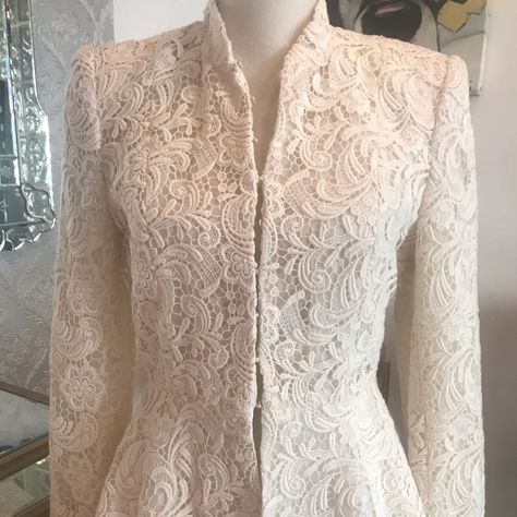 Rich, Off White , Lace Delightful Peplum Blazer Kebaya Simple, Peplum Blazer, Lace Blazer, Cotton Kurti Designs, Lace Peplum, Lace Jacket, Alice And Olivia, Yellow Blouse, Modest Fashion Outfits