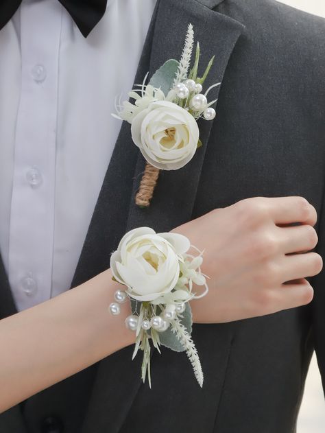 Flower Decor Boutonniere & Wrist Corsage Wrist Wedding Corsage, Winter Wedding Corsage, Boutiniere Ideas Grooms, Family Flowers For Wedding, Wedding Buttonnaire, Bouteneire Groom, Wrist Flowers Wedding, Corsages For Prom, Boutonnière Ideas