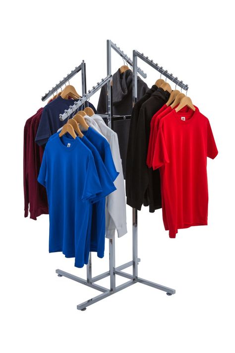 Garment display rack with four arms Cloth Stand For Shop, Cloth Stand Design, Clothing Racks For Boutique, Cloth Rack Ideas, T Shirt Rack, Clothes On A Rack, Clothing Shop Interiors, Clothing Booth Display, Retail Clothing Display