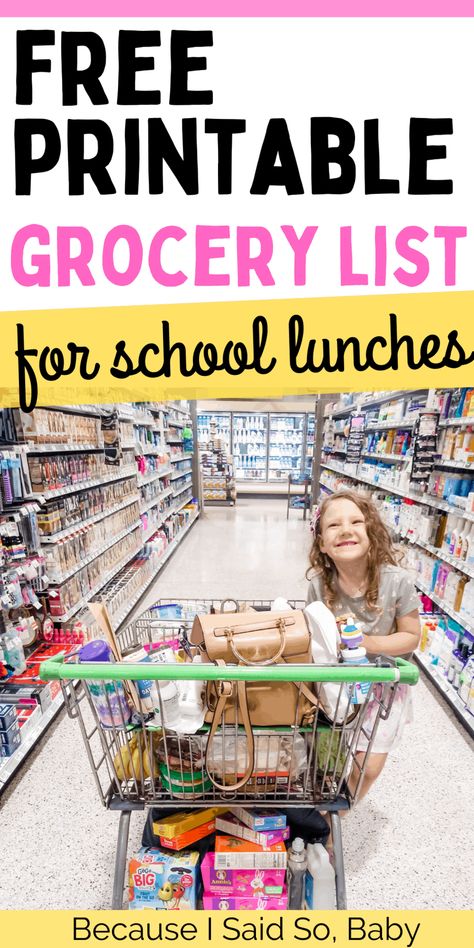 Free Printable Back-to-School Grocery List | Make packing school lunches easier with this free printable PDF grocery list full of easy items for breakfast, lunch, dinner, and snacks! #grocerylist #freeprintable #printable #pdf #download #schoollunch #lunches #lunchbox #backtoschool #groceries #list #schoolyear #breakfast #dinner #snacks #weekday #weeknight #easy via @becausebaby Grocery List For Kids Lunches, Back To School Grocery Shopping List, Grocery List For School Lunches, School Lunch Shopping List, School Lunch Grocery List, Toddler Grocery List, Lunch Grocery List, Kids Grocery List, Grocery List Ideas