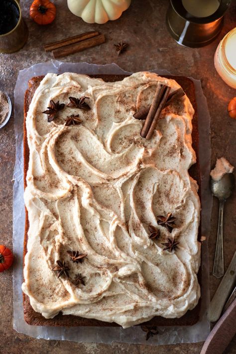 Desirably effortless, this tender Pumpkin Chai Cake will evoke the very essence of fall with its notably sweet spice and fragrant Brown Butter Frosting. Pumpkin Butter Chai Cake, Pumpkin Cake With Brown Butter Frosting, Fall Themed Cake Flavors, Chai Pumpkin Cake, Chai Carrot Cake, Brown Butter Pumpkin Cake, Brown Butter Chai Cake, Pumpkin Chai Dessert, Holiday Spice Cake