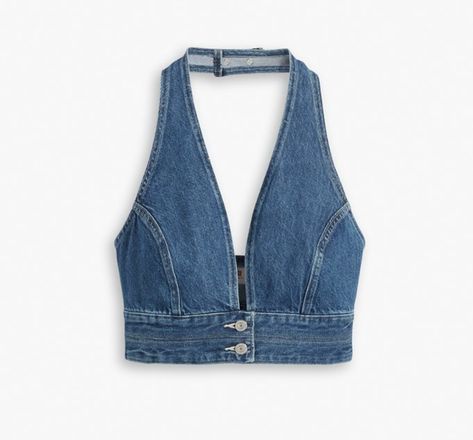 Daisy Jones Denim Top, Jean Crop Top Diy, Diy Top From Jeans, Upcycling Crop Tops, Jeans To Top Diy, Denim Top Sewing Pattern, Denim Top Pattern, Diy Jean Top, Denim Halter Top Outfit