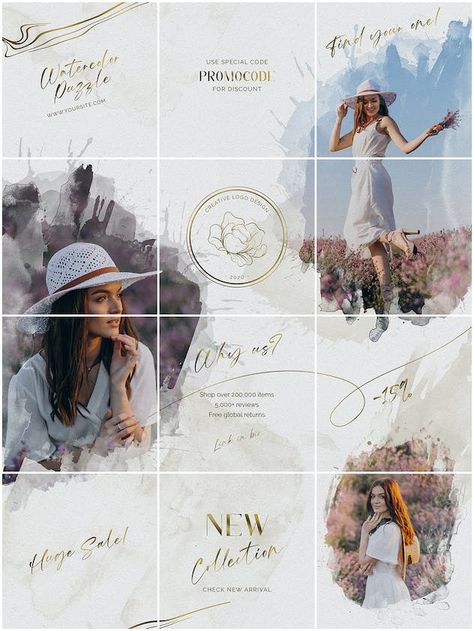 Watercolor Instagram Puzzle - Design Template Place Instagram Puzzle Design, Create Canva Templates, Advertising Campaign Design, Instagram Grid Layout, Bio Pool, Instagram Puzzle Feed, Instagram Grid Design, Instagram Puzzle Template, Cohesive Instagram Feed