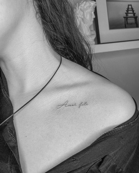 Small Font Tattoo Placement, Tattoo On Collar Bone For Women Quotes, With Love Tattoo Fonts, Collarbone Date Tattoo, Collar Bone Tattoo Danty, Collarbone Name Tattoo Women, My Love My Life Tattoo, Word Collar Bone Tattoo, Tattoo Placement Collar Bone