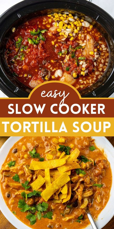 Creamy Chicken Tortilla Soup Crock Pot is perfect for an easy weeknight dinner. This soup is creamy, thick, and cozy. The best part about this recipe is that it's cooked in a slow cooker. Easy Crockpot Tortilla Soup, Chicken Taco Soup Crock Pot, Slow Cooker Chicken Soup Recipes, Tortilla Soup Crock Pot, Crockpot Tortilla Soup, Tortilla Soup Crockpot, Crock Pot Chicken Tortilla Soup, Slow Cooker Tortilla Soup, Mexican Soups