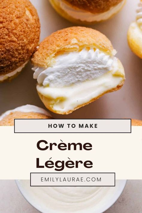 If you’re a fan of the dreamy vanilla cream inside of éclairs and cream puffs, you need to learn the art of making Crème Légère. This versatile French cream recipe can be used in dozens of applications and can be flavored in countless ways to fit your dessert vision. Types Of Pastry Cream, Best Cream Puffs Recipe, Eclair Cream Filling, Cream Horn Filling Recipe, Flavored Pastry Cream, Cremeux Recipe, Cream Puff Flavors, Mousseline Cream, Clotted Cream Recipes