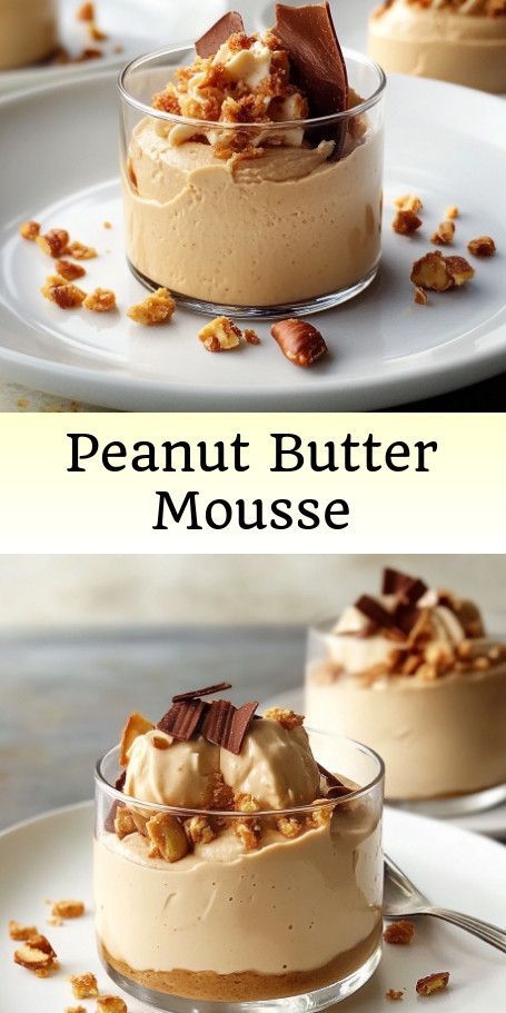 "Peanut Butter Mousse Delight Recipe - Easy, Creamy, and Indulgent!" Indulge in the creamy and rich flavor of this Peanut Butter Mousse Delight, a perfect blend of simplicity and decadence. With just five ingredients, this dessert is an easy-to-make treat that will satisfy your sweet tooth and impress your guests. #PeanutButterLovers #MousseMagic #EasyDesserts #SweetToothSatisfier #NoBakeDelight #WhippedCreamDream #FluffyGoodness #DessertIdeas #SimpleJoy" Peanut Butter Mousse Brownie Cups, Butterscotch Mousse Recipe, Easy Mousse Dessert Recipes, Peanut Butter Mouse Cake, Easy Peanut Butter Mousse, Peanut Butter Mousse Recipes, Chocolate Peanut Butter Mousse Pie, Easy Moose Recipe, Peanut Butter Trifle Desserts