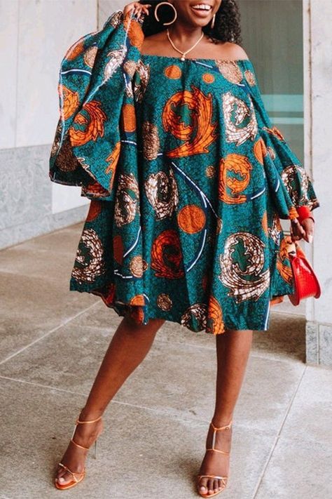 Art Dresses, Mode Prints, Loose Midi Dress, Afrikaanse Mode, Casual Wear Dress, Off Shoulder Fashion, Loose Outfit, Ruffle Hem Dress, African Dresses For Women