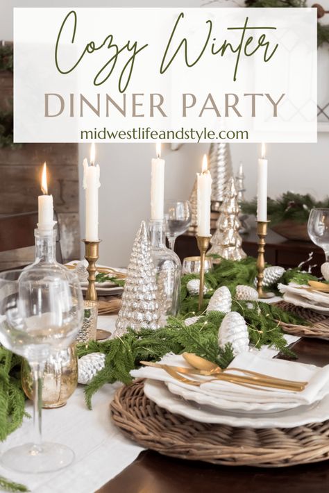 How To Properly Set A Dinner Table, How To Set Table For Dinner Party, How To Set A Round Table, Winter Themed Dinner Party Ideas, Hygge Dinner Party, January Dinner Party Themes, Winter Dinner Party Tablescape, Hosting Dinner Party Table Settings, How To Set A Table For Dinner