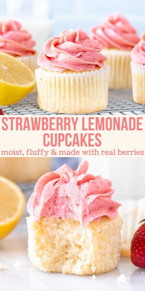 Moist Lemon Cupcakes, Strawberry Lemonade Cupcakes, Delicious Cupcakes Recipes, Lemonade Cupcakes, Strawberry Frosting, Summer Baking, Gourmet Cupcakes, Lemon Cupcakes, Desserts Easy