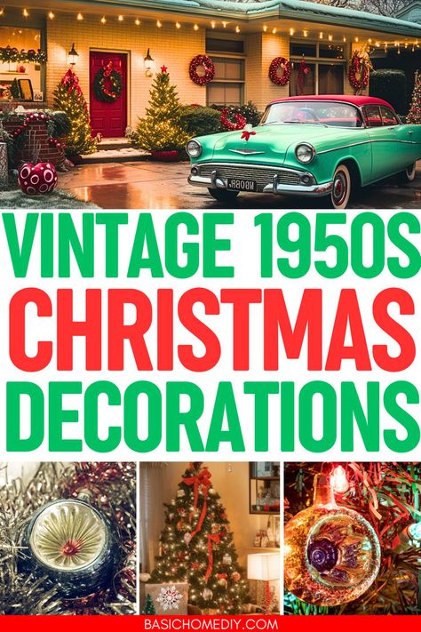 Find classic vintage 1950s Christmas decorations for your holiday home. Explore a timeless collection of midcentury holiday decorating ideas, featuring retro Christmas tree ornaments, xmas display ideas, and antique holiday treasures that bring an old-fashioned Christmas charm to your home decor. Perfect for creating a nostalgic 1950s holiday vibe, these retro decorations offer a classic blend of vintage holiday style and classic Christmas decorating warmth. Retro Christmas Yard Decorations, Old Fashion Tree Decorating Ideas, 1950's And 1960's Vintage Fantasia Christmas Tree Ornaments, Vintage Exterior Christmas Decorations, Vintage Hollywood Christmas, Retro Christmas Table Decor, Retro Nostalgia Aesthetic, 1950s Christmas Decor, Mid Century Christmas Decorations