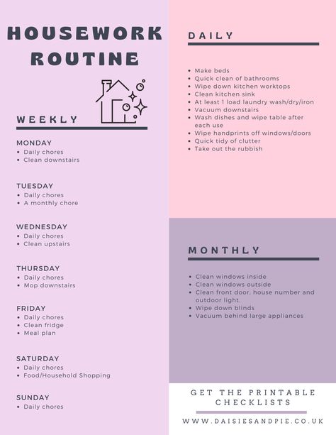 printable easy housework routine with daily weekly and monthly chores Homemaker Schedule Daily Routines, Daily Chores To Keep House Clean, Apartment Cleaning Schedule, Household Routines, Monthly Chores, Homeowner Checklist, House Cleaning Schedule, Cleaning Plan, Homemaker Schedule