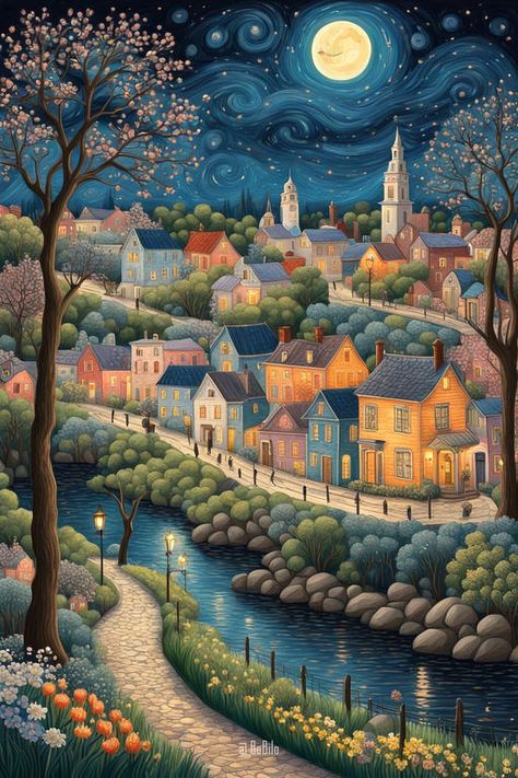 Mystical Moonlit Townscapes: American Charm under Starlit Skies. Whimsical Houses, Fantasy Village, Naive Painting, Fantasy Town, Night Illustration, Beautiful Night Images, Illustration Art Design, Fancy Art, Dreamy Landscapes