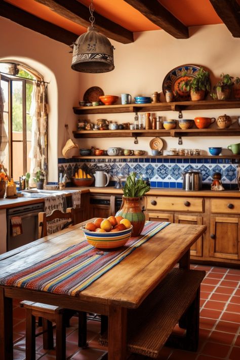 15 Awesome Mexican Style Kitchen Ideas Mexico Aesthetic Kitchen, Mexico Style Kitchen, Mexican Aesthetic Kitchen, Kitchen Ideas Mexican Style, Traditional Mexican Kitchen Design, Spanish Themed House, Mexican Casita Hacienda Style, Hacienda Kitchen Mexican, Mexican Farmhouse Decor Kitchen