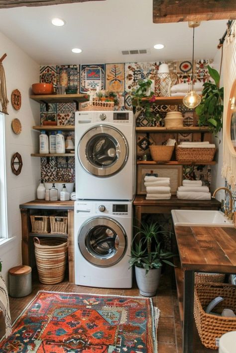 29 Stacked Laundry Room Ideas for Maximizing Your Space and Efficiency 15 Vintage Eclectic Laundry Room, Whimsical Home Decor Bohemian Style, Colourful Rustic Decor, Laundry Room Eclectic, Boho Whimsical Decor, Tiny Home Laundry Room, Boho House Outside, Whimsigoth Laundry Room, Bohemian Laundry Room Ideas