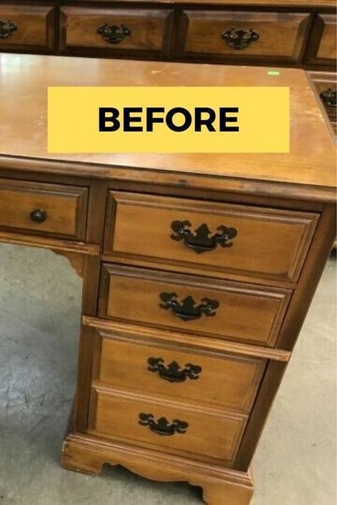 Looking for some painted furniture inspiration? you'll be impressed with this wooden desk before and after photos and color combos. #diy #desk #makeover Paint Wooden Desk, Vintage Desk Makeover, Diy Wooden Desk, Dipped Furniture, Refinished Desk, Refurbished Desk, Upcycle Desk, Desk Makeover Diy, Desk Redo