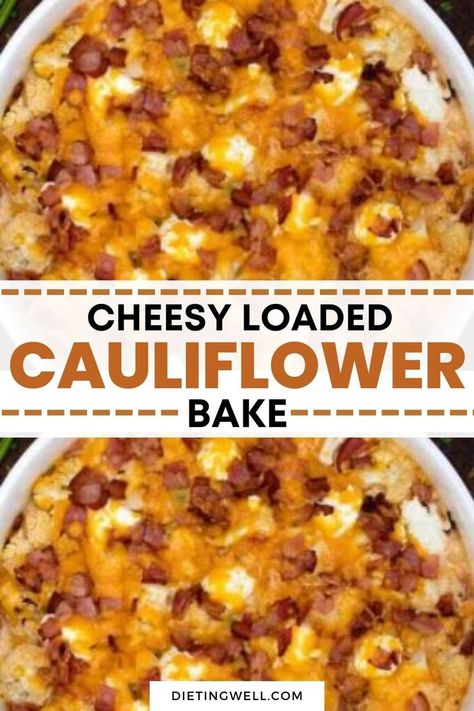 Indulge in the ultimate Cheesy Loaded Cauliflower Bake, a mouthwatering low-carb delight that will satisfy your cravings! 🧀🥦 Elevate your dinner with this easy, keto-friendly recipe. Try it today and embrace a healthier, tastier lifestyle! #CheesyCauliflower #LowCarbBake #KetoRecipe #HealthyDinner Comfort Food Healthy, Loaded Cauliflower Bake, Cheesy Cauliflower Bake, Keto Side Dish, Cauliflower Bake, Vegetable Bake, Loaded Cauliflower Casserole, Thanksgiving Brunch, Bacon Cauliflower