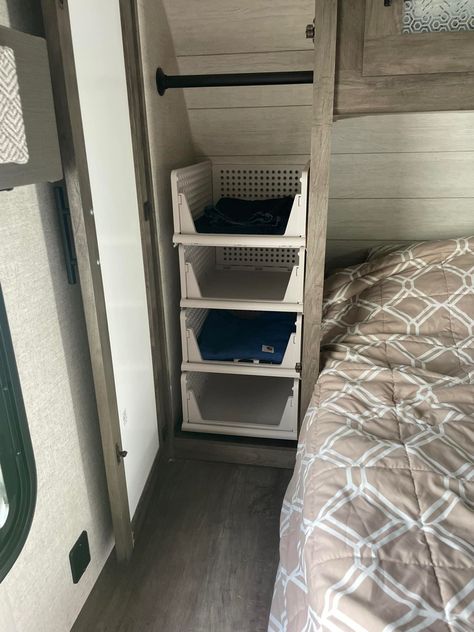 Camper Organizer Ideas, Organization Ideas For Camper, Motorhome Bedroom Ideas, Camper Home Storage Ideas, Camper Pass Through Storage Ideas, Clothes Storage For Camper, Couch For Camper, Clothes Organization Camper, Camper Bunk Room Storage Ideas