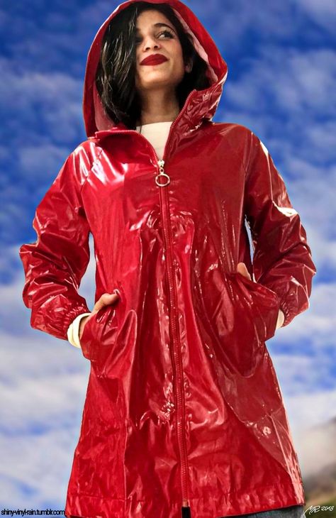 Red Vinyl Raincoat Beauty Stylish Raincoats, Raincoat Fashion, Red Raincoat, Rainwear Girl, Rubber Raincoats, Rainy Day Fashion, Rainwear Fashion, Vinyl Raincoat, Plastic Raincoat