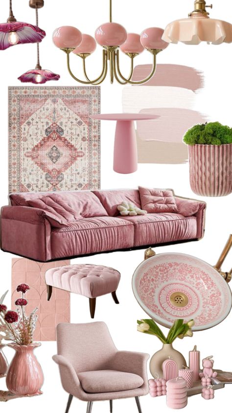 Pink interior ideas Pink Touches In Living Room, Organic Style Interior, Pink Accents Living Room, Pink Interior Design, Light Pink Interior, Pink Interiors, Velvet Sofas, Bedroom 2024, Pink Furniture