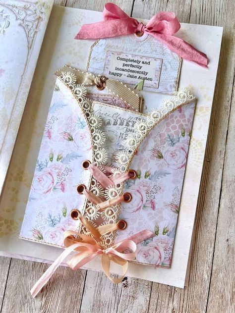 Junk Journal Fold Out Pages, Pretty Cards Diy, Pink Scrapbook Aesthetic, Vintage Scrapbook Ideas, Junk Journal Layout, Angela Kerr, Make A Corset, How To Make A Corset, Corset Making